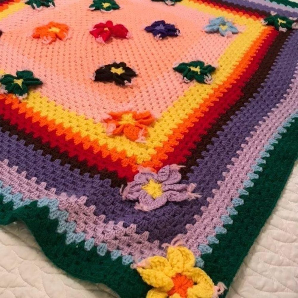 Rainbow 3D Flowers Crochet Throw Afghan Blanket